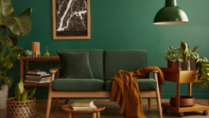 Beautiful emerald green and brown wood themed home interior
